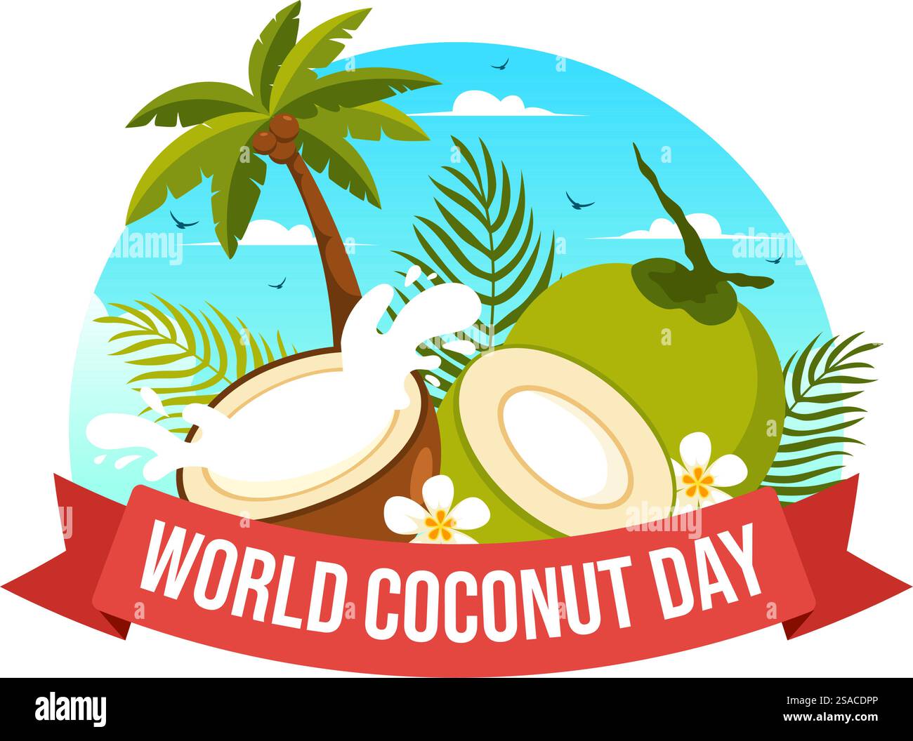 Illustration vectorielle de la Journée mondiale de la noix de coco le 2 septembre mettant en vedette des fleurs, des feuilles tropicales et un fond de plage dans un dessin animé de style plat Illustration de Vecteur Illustration vectorielle de la Journée mondiale de la noix de coco le 2 septembre mettant en vedette des fleurs, des feuilles tropicales et un fond de plage dans un dessin animé de style plat Illustration de Vecteur