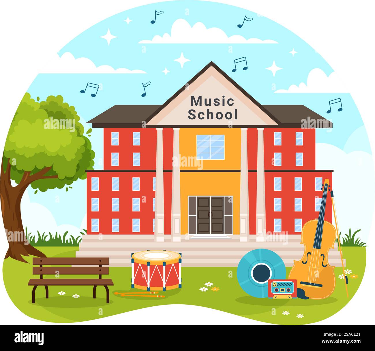 Illustration vectorielle de l'école de musique avec la lecture de divers instruments de musique, l'apprentissage des musiciens et des chanteurs d'éducation dans le fond plat de dessin animé d'enfants Illustration de Vecteur