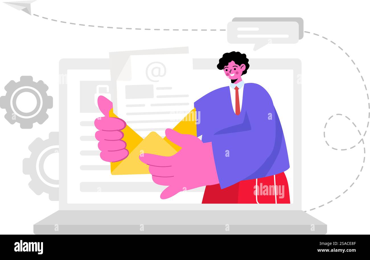 Illustration vectorielle du service de messagerie électronique avec livraison de correspondance de fichiers, messagerie électronique et marketing d'entreprise dans un fond de dessin animé plat Illustration de Vecteur
