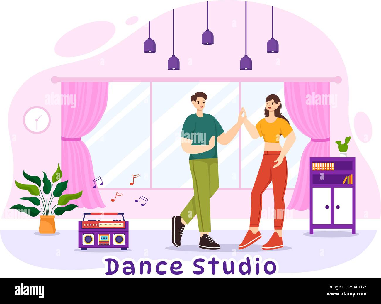 Illustration vectorielle de studio de danse avec des couples de danse exécutant accompagné de musique dans Flat Cartoon fond Design Illustration de Vecteur