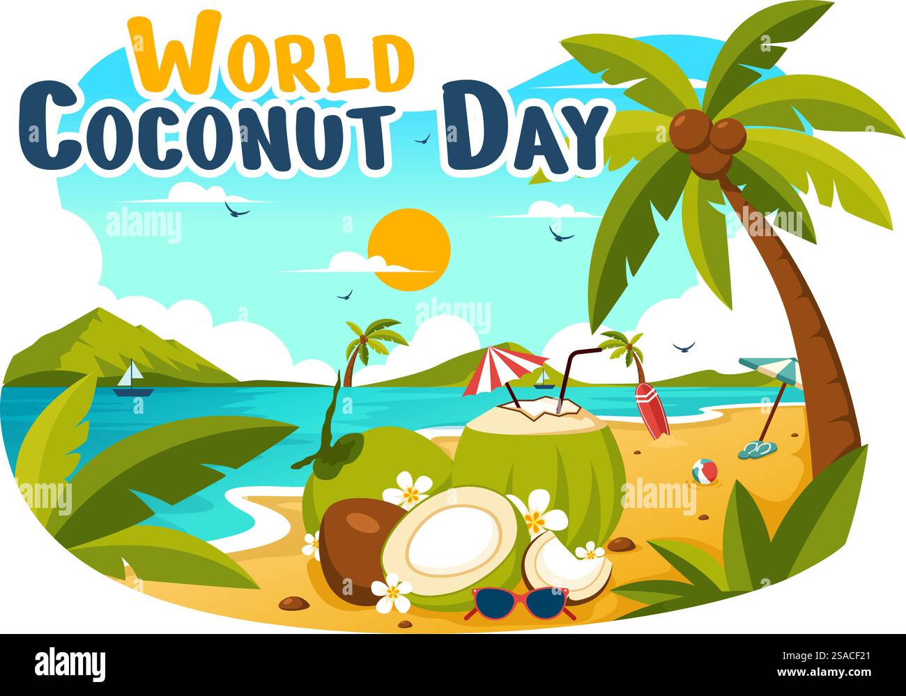 Illustration vectorielle de la Journée mondiale de la noix de coco le 2 septembre mettant en vedette des fleurs, des feuilles tropicales et un fond de plage dans un dessin animé de style plat Illustration de Vecteur Illustration vectorielle de la Journée mondiale de la noix de coco le 2 septembre mettant en vedette des fleurs, des feuilles tropicales et un fond de plage dans un dessin animé de style plat Illustration de Vecteur
