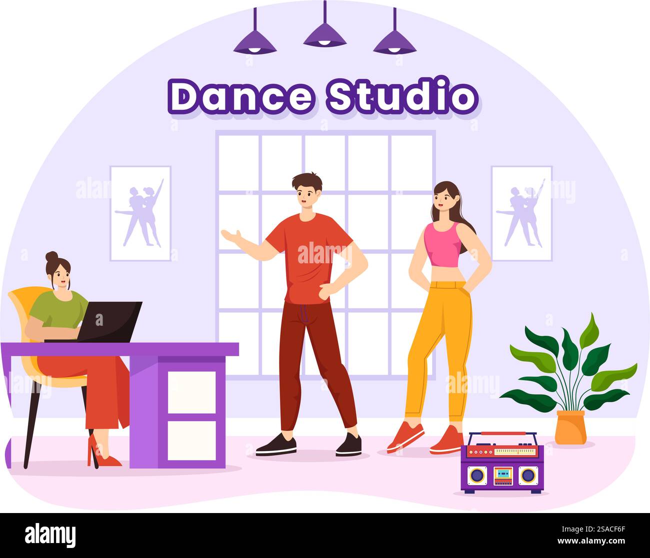 Illustration vectorielle de studio de danse avec des couples de danse exécutant accompagné de musique dans Flat Cartoon fond Design Illustration de Vecteur
