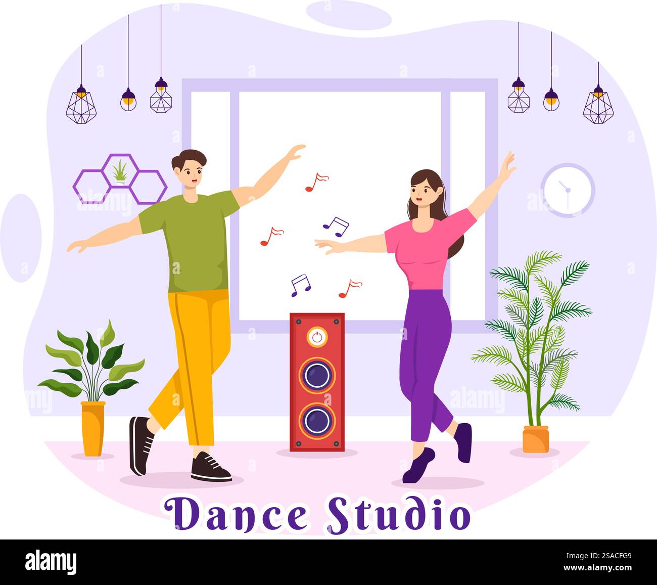 Illustration vectorielle de studio de danse avec des couples de danse exécutant accompagné de musique dans Flat Cartoon fond Design Illustration de Vecteur