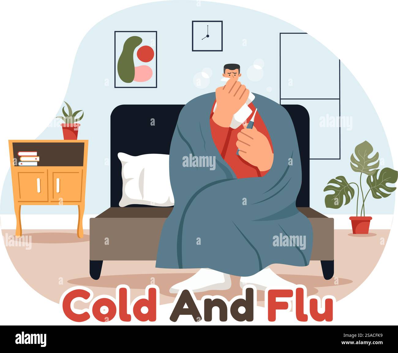 Illustration vectorielle de personnes malades avec la grippe et le froid portant des vêtements épais, dessinés à la main dans un style de dessin animé plat à des fins de soins de santé sur un fond Illustration de Vecteur