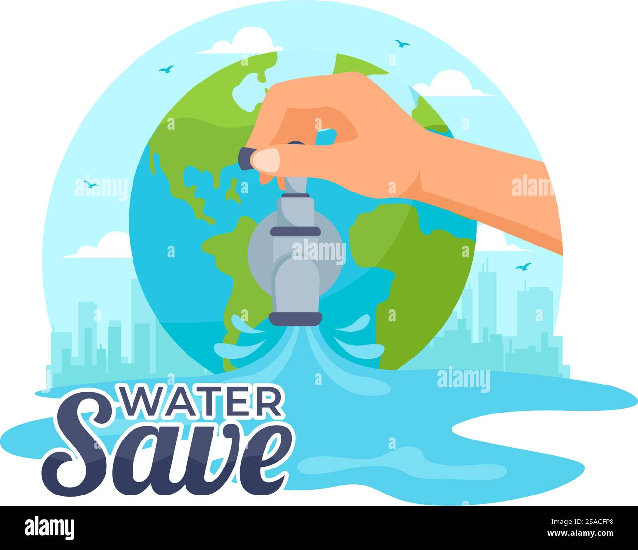 Illustration vectorielle d'économie d'eau pour la campagne d'économies de minéraux et l'utilisation de l'énergie avec robinet et concept de la terre en fond de dessin animé plat Illustration de Vecteur