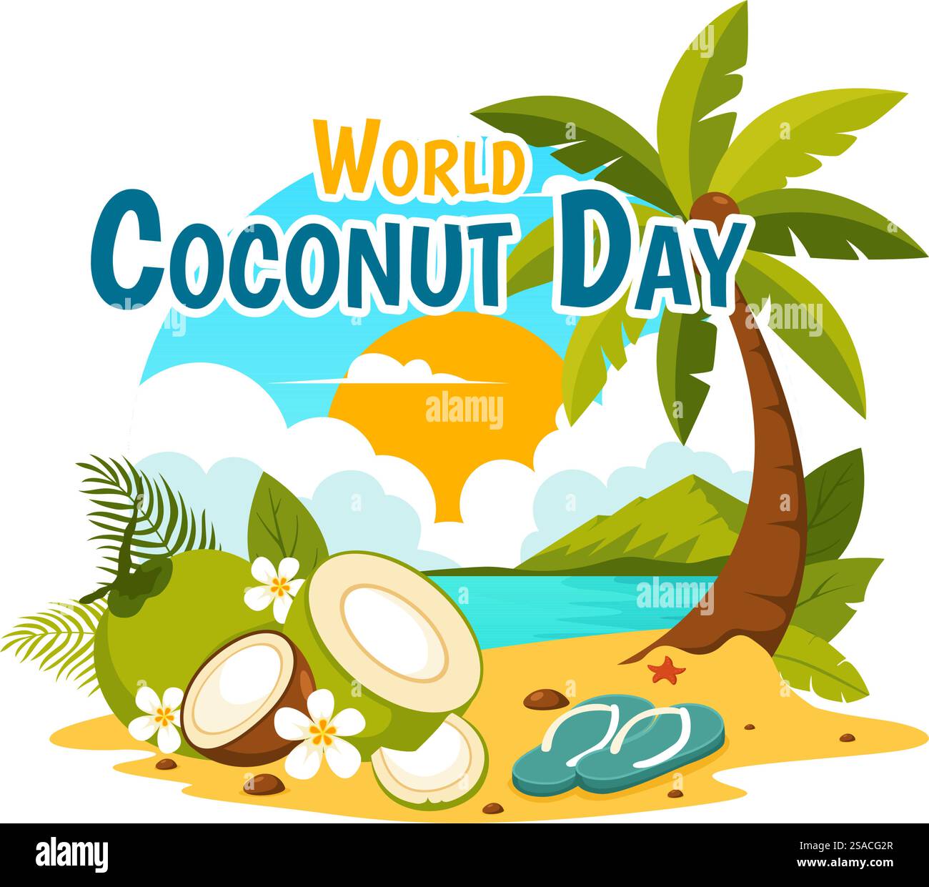 Illustration vectorielle de la Journée mondiale de la noix de coco le 2 septembre mettant en vedette des fleurs, des feuilles tropicales et un fond de plage dans un dessin animé de style plat Illustration de Vecteur Illustration vectorielle de la Journée mondiale de la noix de coco le 2 septembre mettant en vedette des fleurs, des feuilles tropicales et un fond de plage dans un dessin animé de style plat Illustration de Vecteur