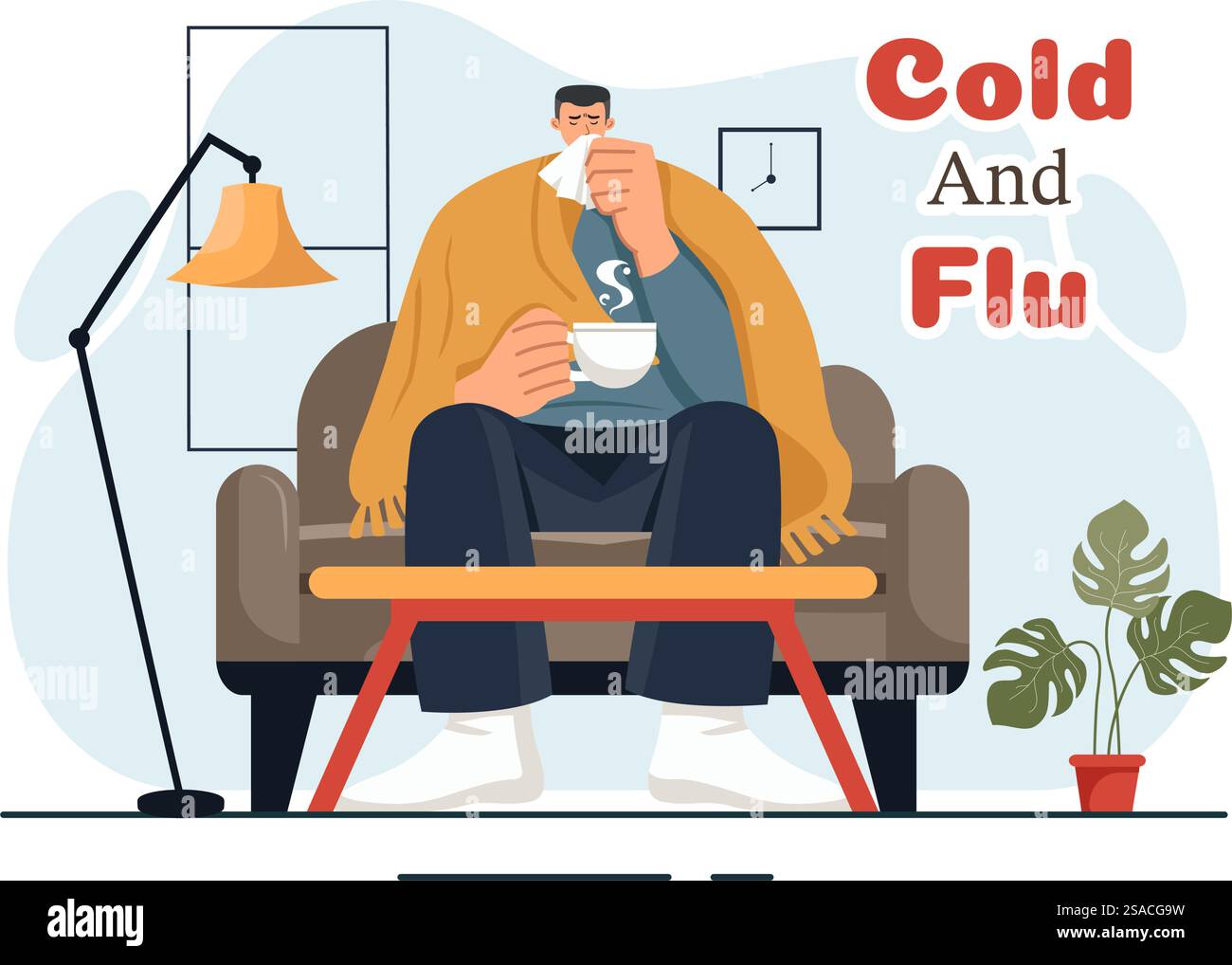 Illustration vectorielle de personnes malades avec la grippe et le froid portant des vêtements épais, dessinés à la main dans un style de dessin animé plat à des fins de soins de santé sur un fond Illustration de Vecteur