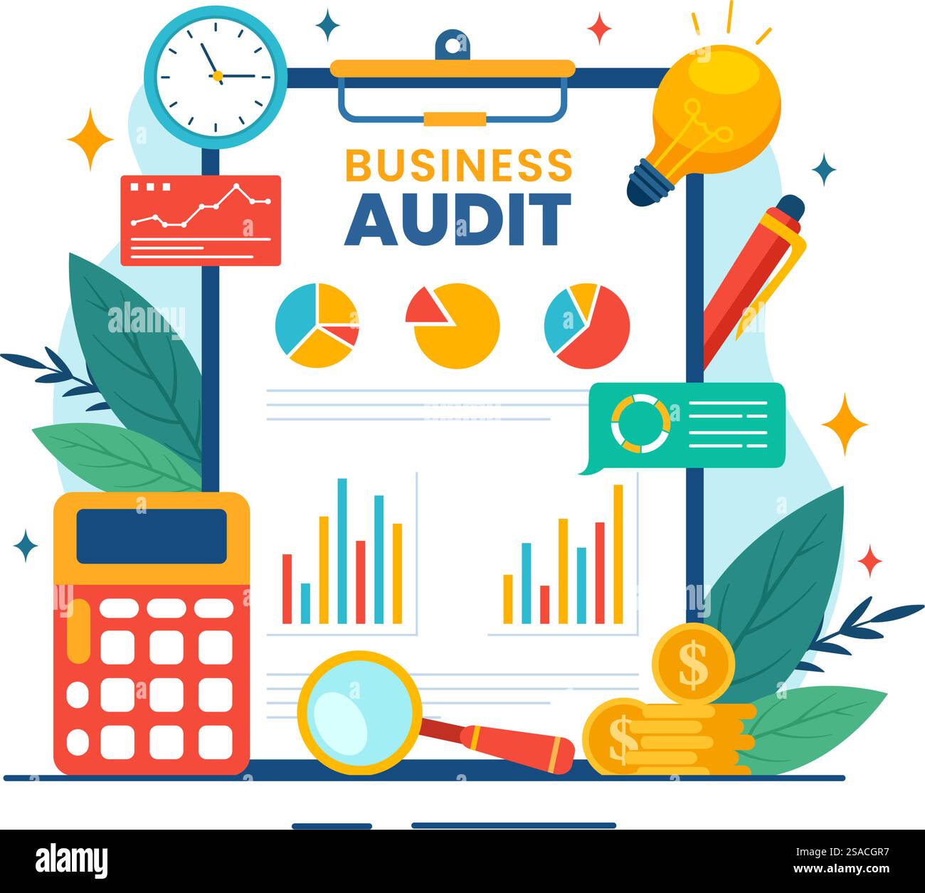 Documents d'audit d'entreprise illustration vectorielle avec graphiques, comptabilité, calculs et analyse de rapport financier dans fond de dessin animé plat Illustration de Vecteur