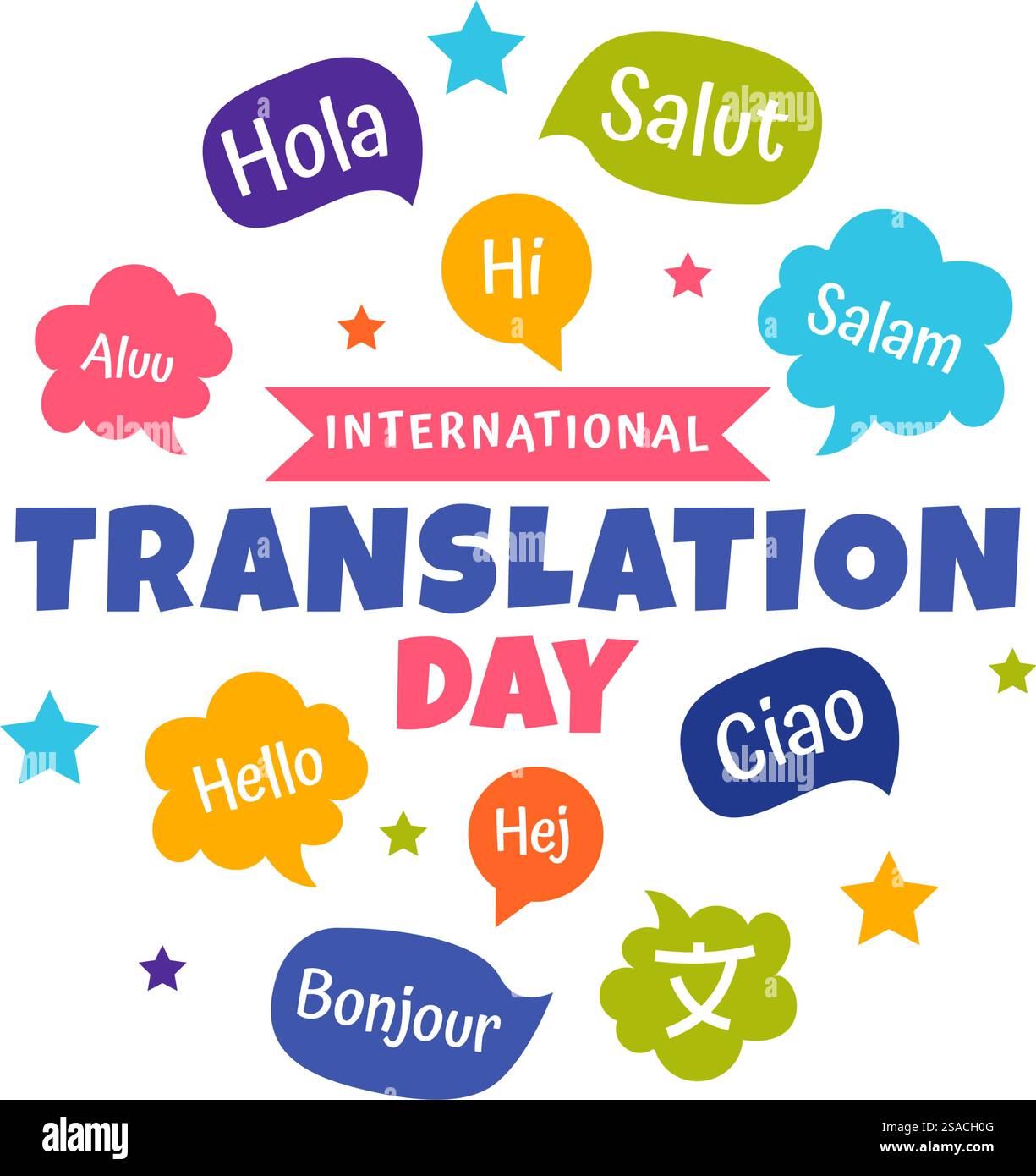 Traducteur mondial ou traduction Journée des langues illustration avec Bonjour dans différents pays et communication internationale multilingue Illustration de Vecteur