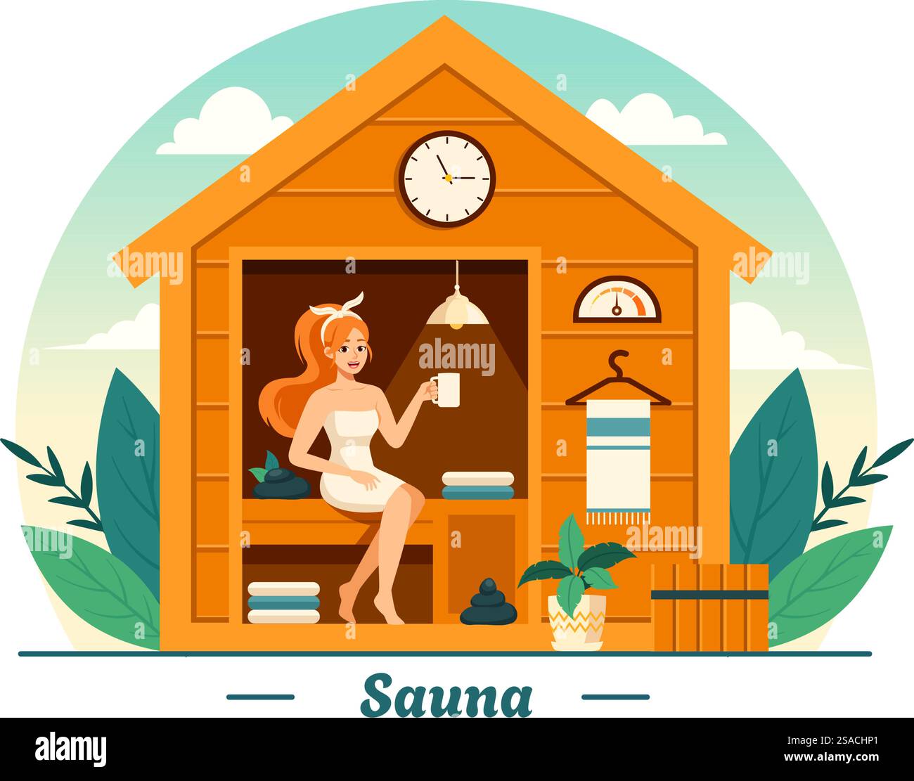 Illustration vectorielle de sauna et de salle de vapeur avec les gens se détendre, se laver le corps ou profiter du temps dans Flat Cartoon Background Design Illustration de Vecteur