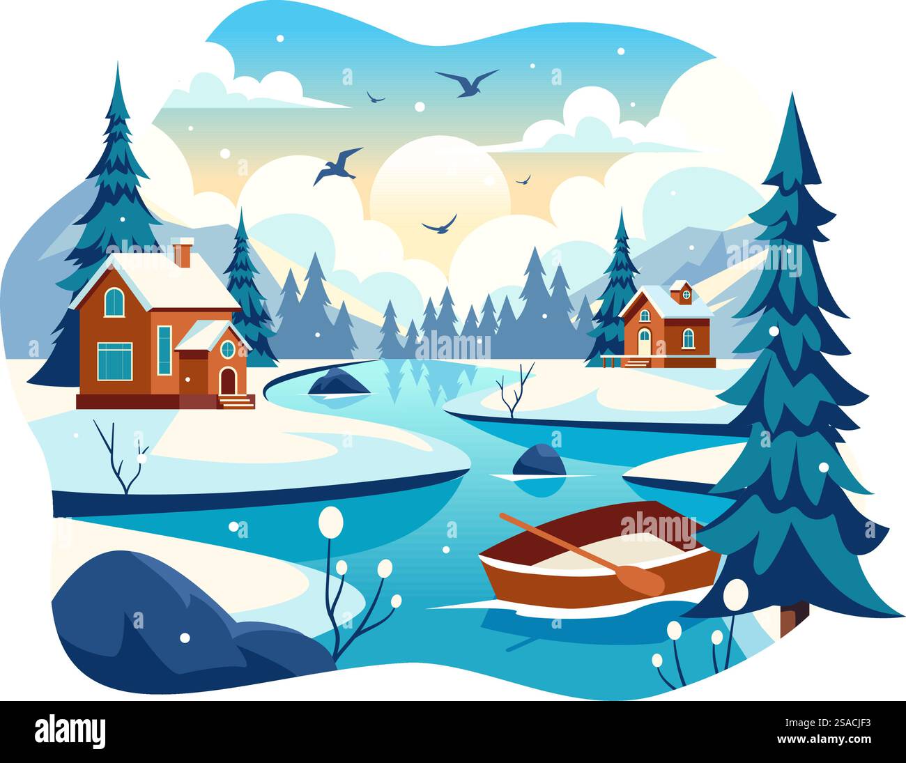 Charmant village d'hiver illustration vectorielle mettant en vedette des maisons confortables dans un paysage pittoresque de montagne enneigée, avec un cadre naturel serein en arrière-plan Illustration de Vecteur