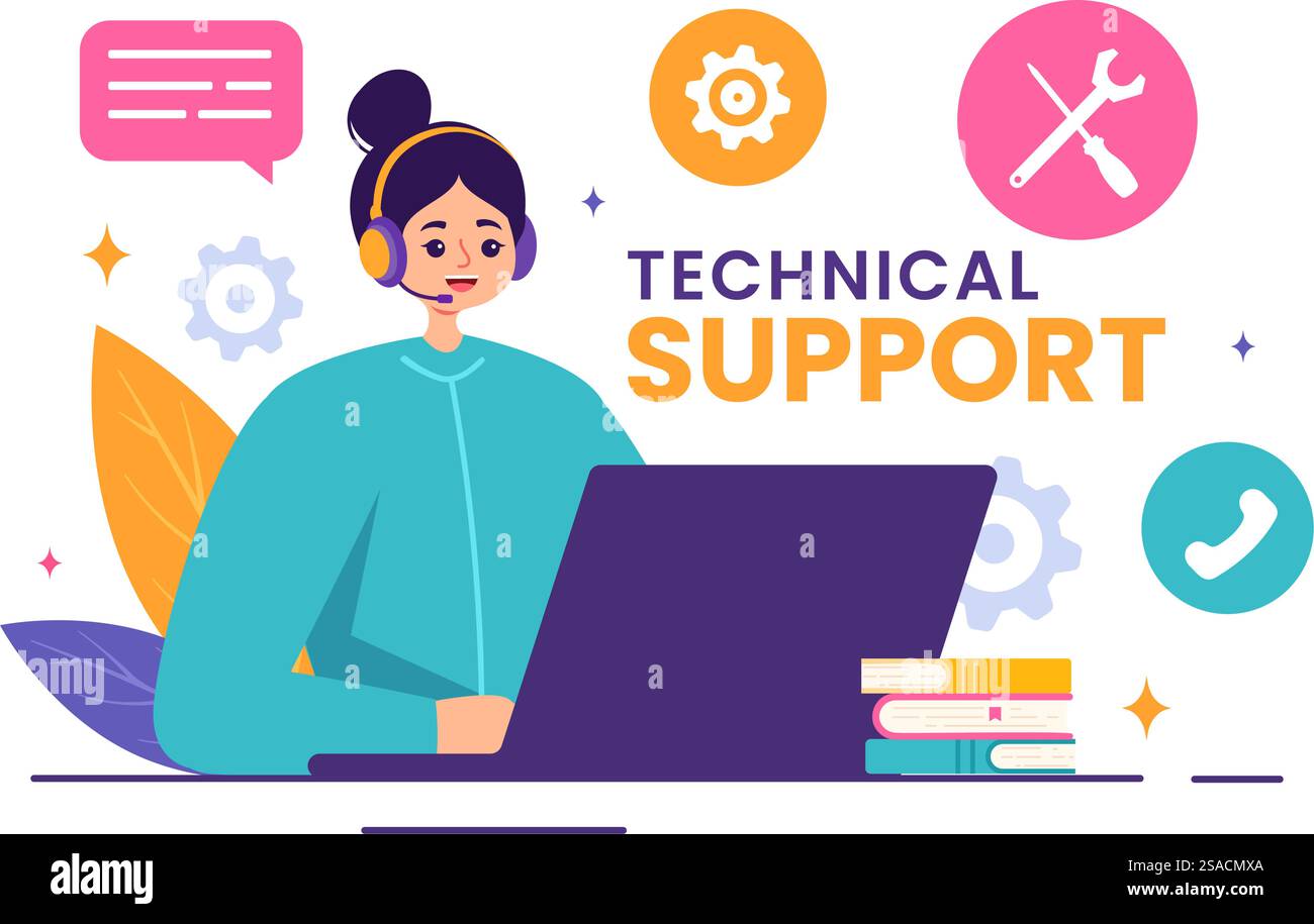 Illustration vectorielle d'un système de support technique avec développement logiciel, service client et aide technologique dans un fond de dessin animé plat Illustration de Vecteur