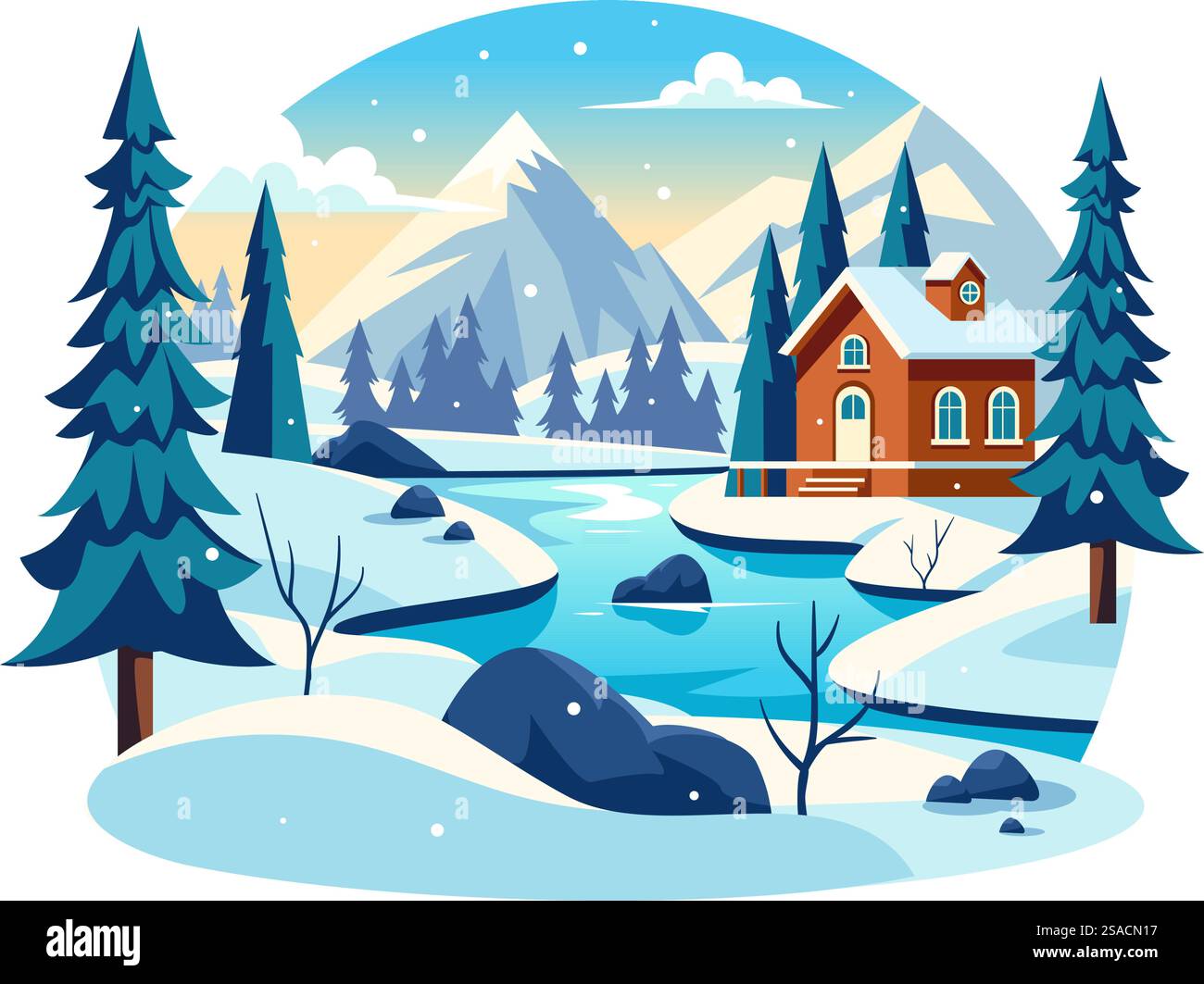 Charmant village d'hiver illustration vectorielle mettant en vedette des maisons confortables dans un paysage pittoresque de montagne enneigée, avec un cadre naturel serein en arrière-plan Illustration de Vecteur