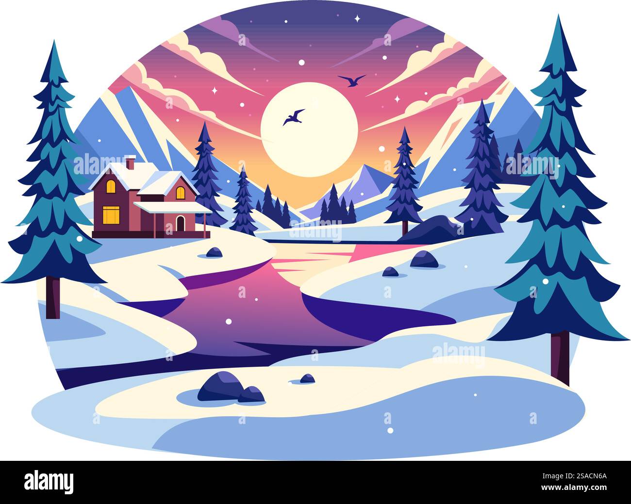 Charmant village d'hiver illustration vectorielle mettant en vedette des maisons confortables dans un paysage pittoresque de montagne enneigée, avec un cadre naturel serein en arrière-plan Illustration de Vecteur