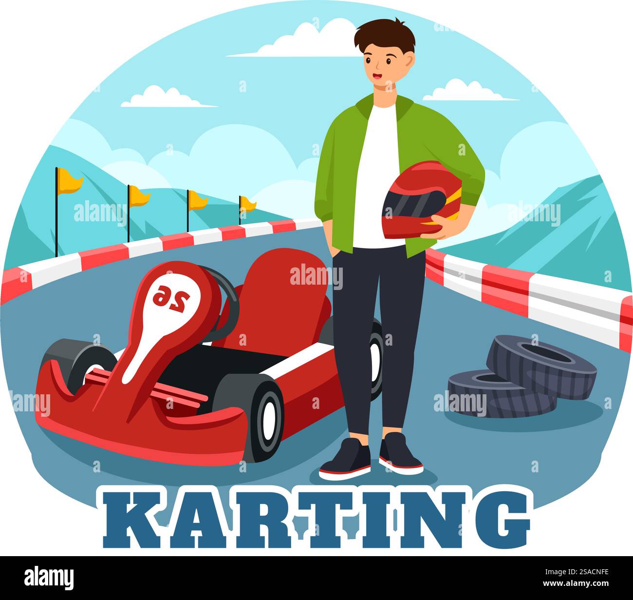 Illustration vectorielle de Karting Sport avec un jeu de course Go Kart ou Mini voiture sur une piste de petit circuit dans un design de fond de dessin animé de style plat Illustration de Vecteur