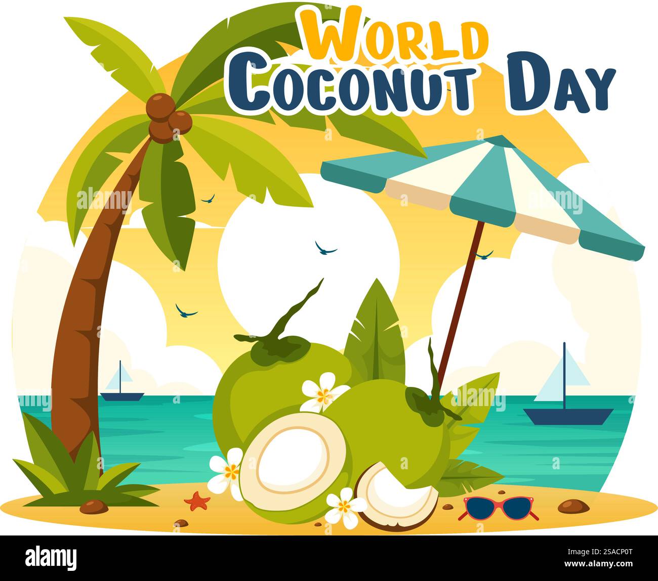Illustration vectorielle de la Journée mondiale de la noix de coco le 2 septembre mettant en vedette des fleurs, des feuilles tropicales et un fond de plage dans un dessin animé de style plat Illustration de Vecteur Illustration vectorielle de la Journée mondiale de la noix de coco le 2 septembre mettant en vedette des fleurs, des feuilles tropicales et un fond de plage dans un dessin animé de style plat Illustration de Vecteur