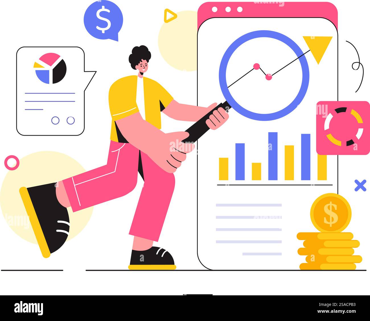 Études de marché et analyse illustration vectorielle avec gestion d'équipe et analyse pour créer des statistiques de données dans un fond de dessin animé de style plat Illustration de Vecteur