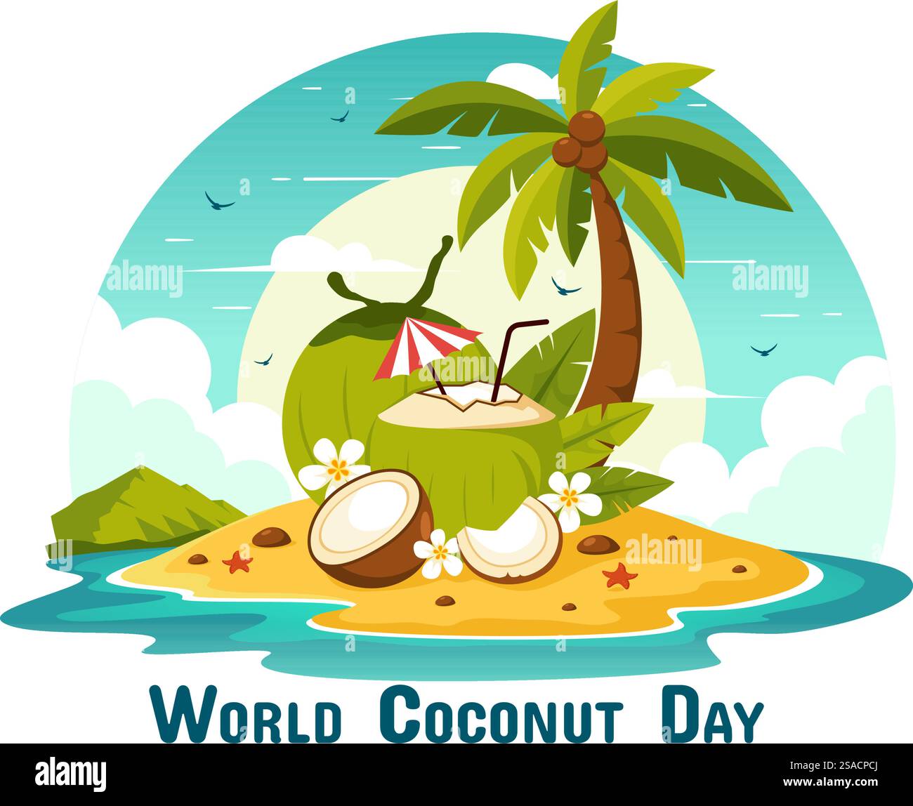 Illustration vectorielle de la Journée mondiale de la noix de coco le 2 septembre mettant en vedette des fleurs, des feuilles tropicales et un fond de plage dans un dessin animé de style plat Illustration de Vecteur Illustration vectorielle de la Journée mondiale de la noix de coco le 2 septembre mettant en vedette des fleurs, des feuilles tropicales et un fond de plage dans un dessin animé de style plat Illustration de Vecteur