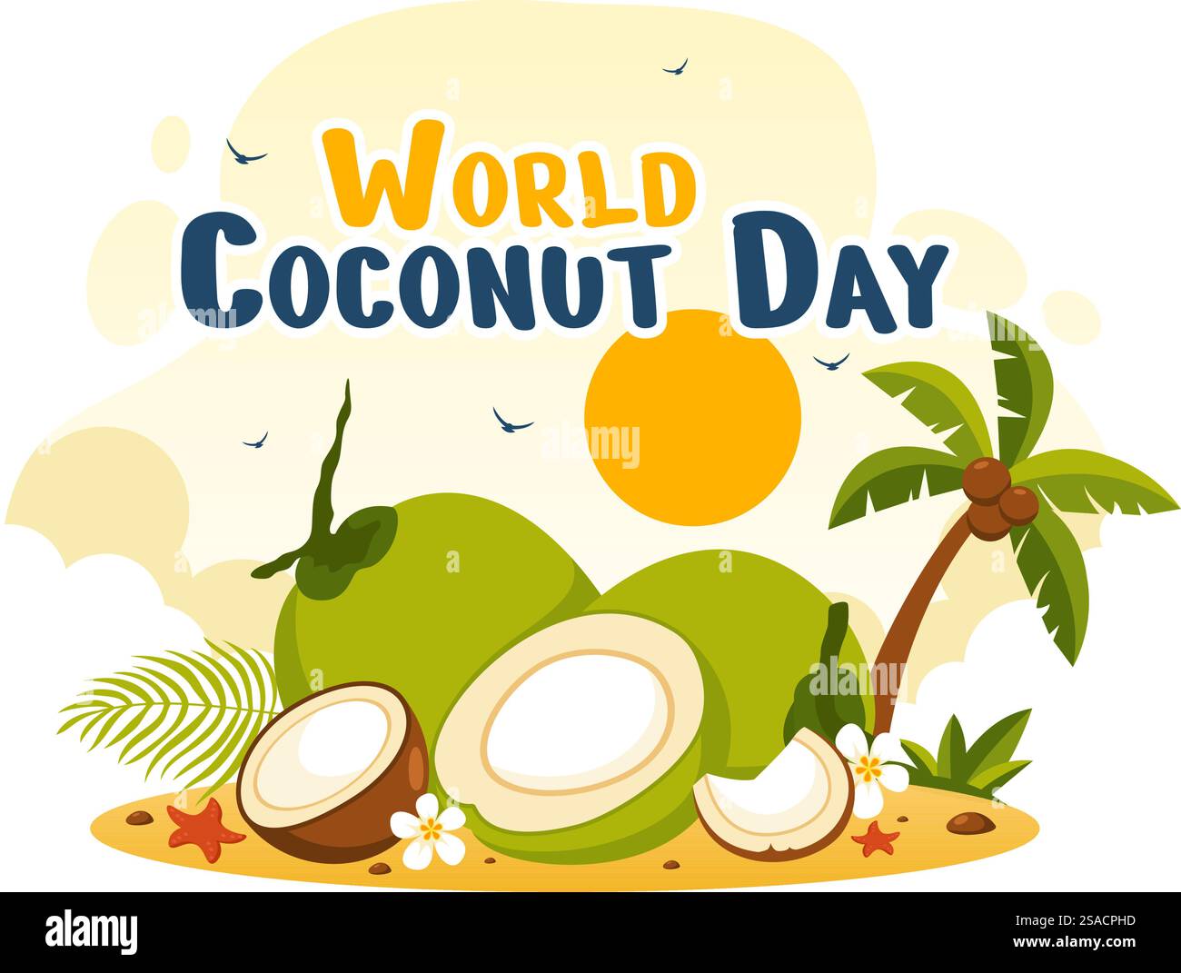 Illustration vectorielle de la Journée mondiale de la noix de coco le 2 septembre mettant en vedette des fleurs, des feuilles tropicales et un fond de plage dans un dessin animé de style plat Illustration de Vecteur Illustration vectorielle de la Journée mondiale de la noix de coco le 2 septembre mettant en vedette des fleurs, des feuilles tropicales et un fond de plage dans un dessin animé de style plat Illustration de Vecteur