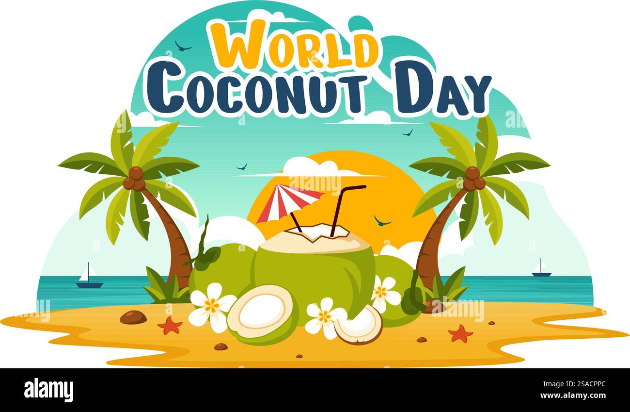 Illustration vectorielle de la Journée mondiale de la noix de coco le 2 septembre mettant en vedette des fleurs, des feuilles tropicales et un fond de plage dans un dessin animé de style plat Illustration de Vecteur Illustration vectorielle de la Journée mondiale de la noix de coco le 2 septembre mettant en vedette des fleurs, des feuilles tropicales et un fond de plage dans un dessin animé de style plat Illustration de Vecteur
