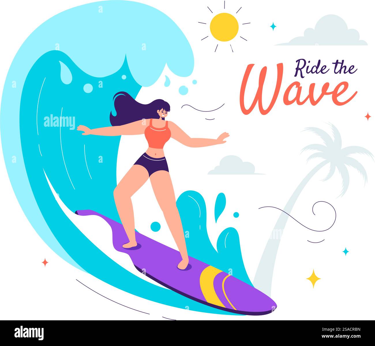 Surf d'été illustration vectorielle des activités de sports nautiques, mettant en vedette des planches de surf chevauchant les vagues de l'océan ou flottant dans un fond de dessin animé de style plat Illustration de Vecteur