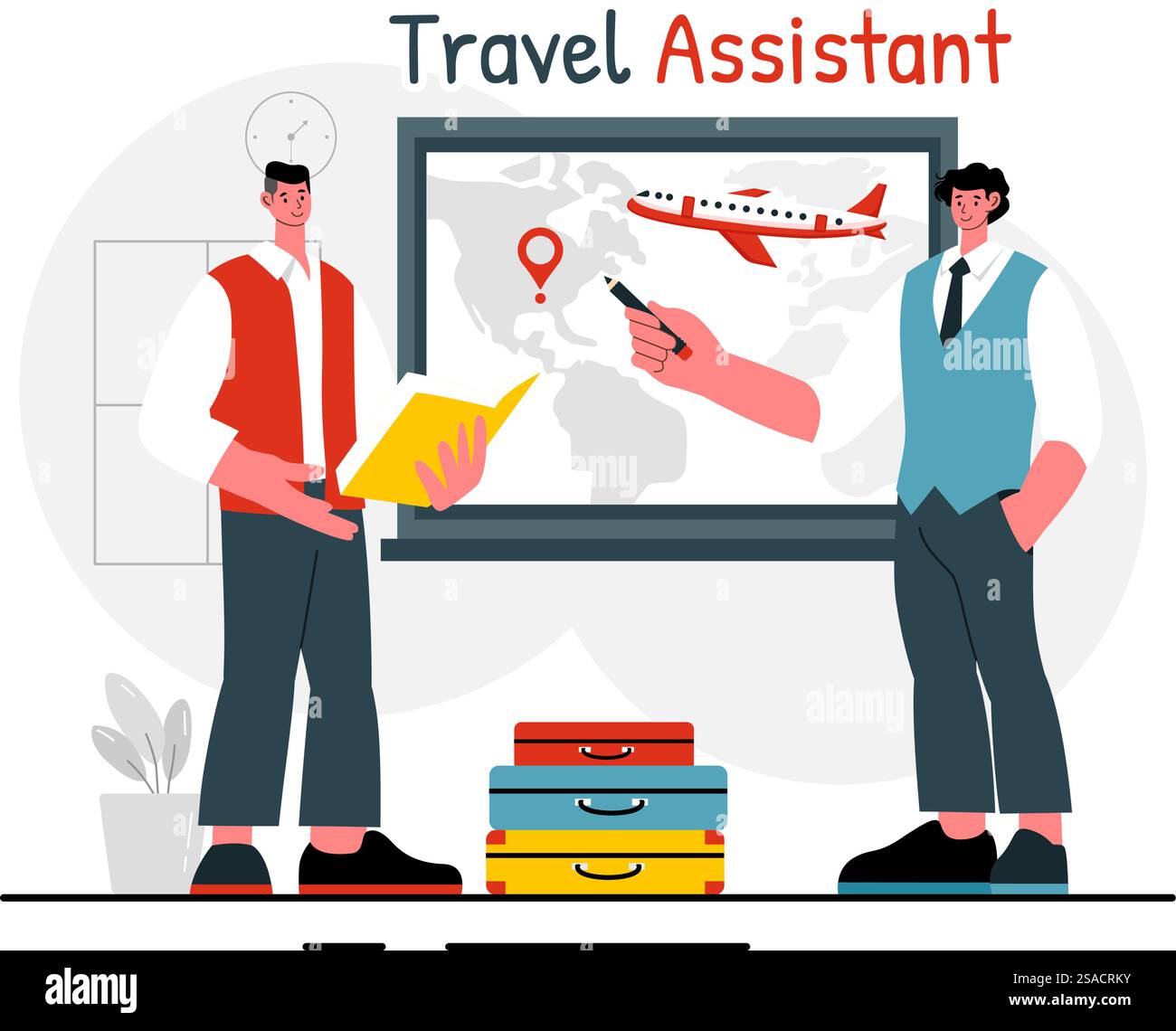 Assistant de voyage illustration vectorielle pour aider et faciliter les touristes dans la planification des forfaits de voyage et l'organisation des horaires de tournée dans un arrière-plan Illustration de Vecteur