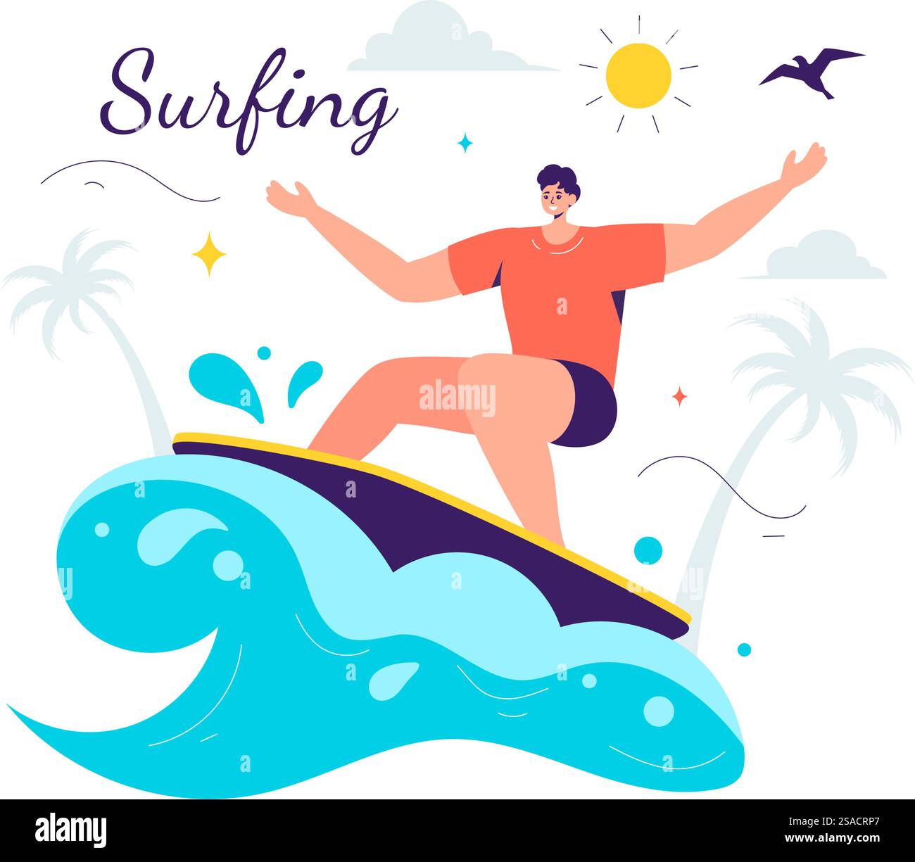 Surf d'été illustration vectorielle des activités de sports nautiques, mettant en vedette des planches de surf chevauchant les vagues de l'océan ou flottant dans un fond de dessin animé de style plat Illustration de Vecteur