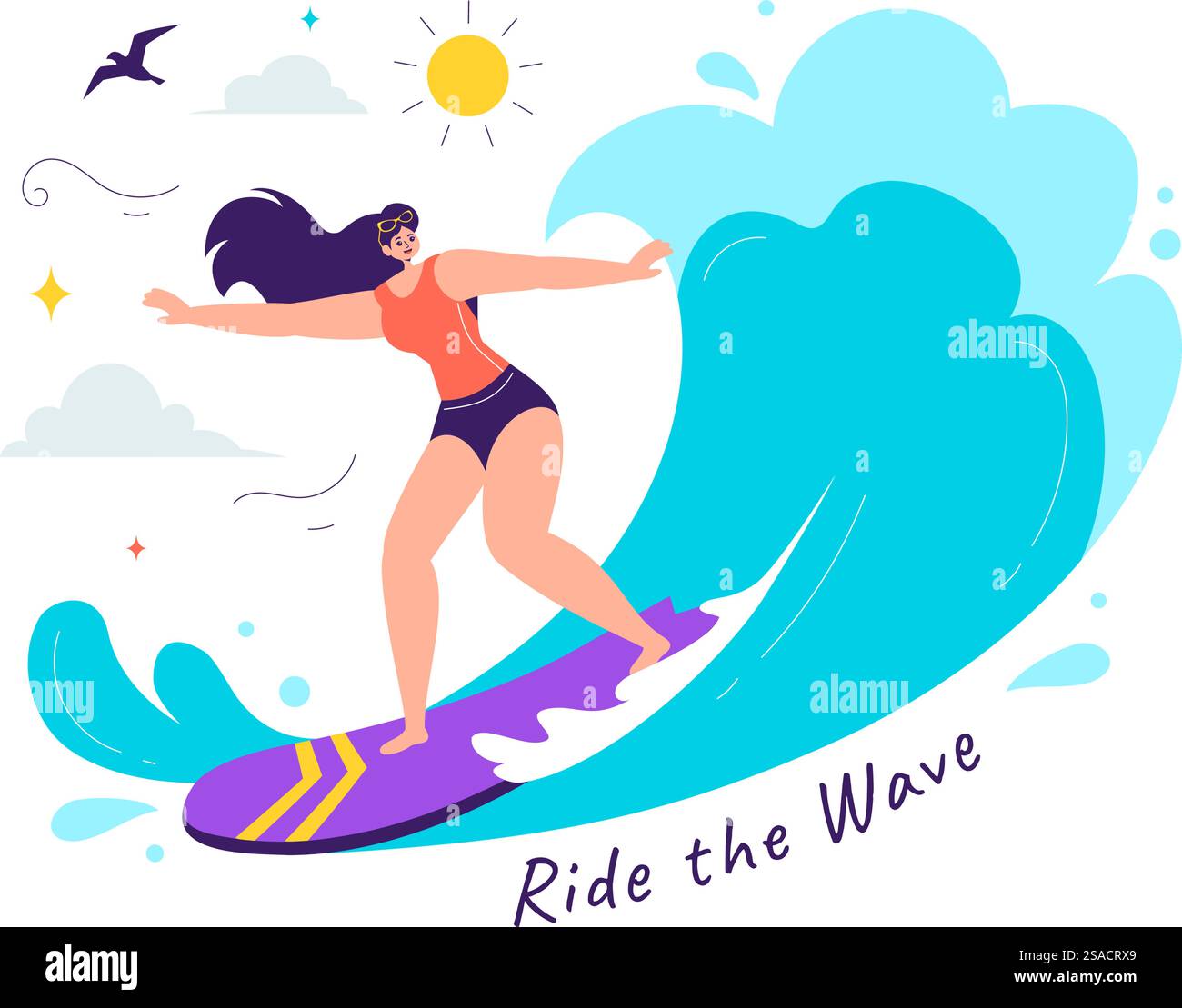 Surf d'été illustration vectorielle des activités de sports nautiques, mettant en vedette des planches de surf chevauchant les vagues de l'océan ou flottant dans un fond de dessin animé de style plat Illustration de Vecteur