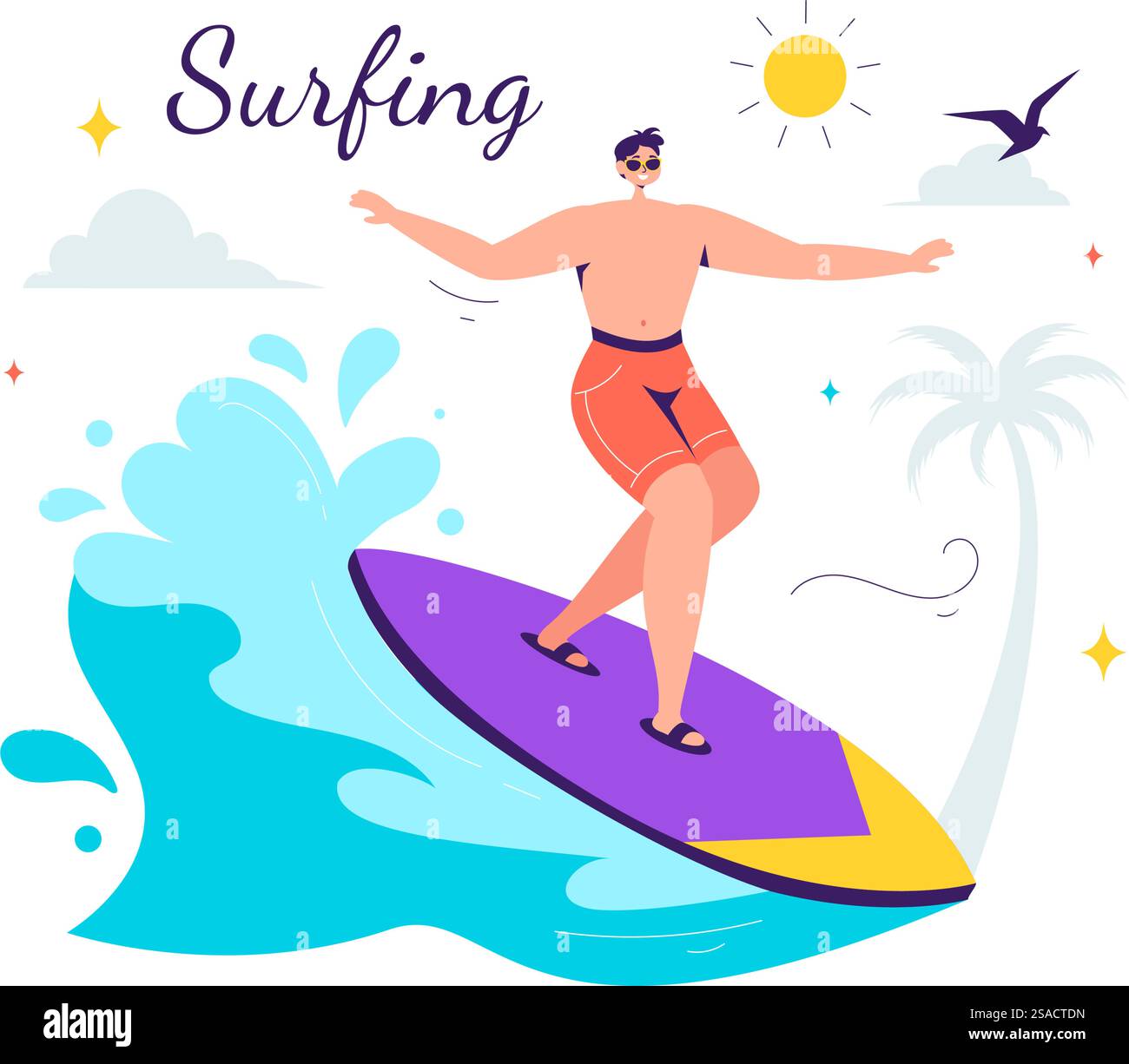 Surf d'été illustration vectorielle des activités de sports nautiques, mettant en vedette des planches de surf chevauchant les vagues de l'océan ou flottant dans un fond de dessin animé de style plat Illustration de Vecteur