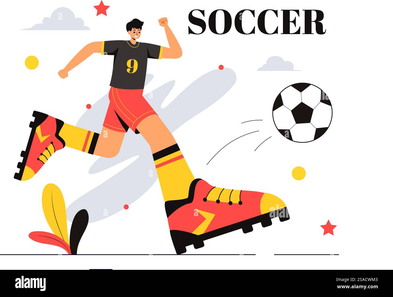 Illustration vectorielle de football mettant en vedette un homme frappant un ballon de football sur un terrain vert pour une ligue de football et un match de sport dans un fond de dessin animé plat Illustration de Vecteur