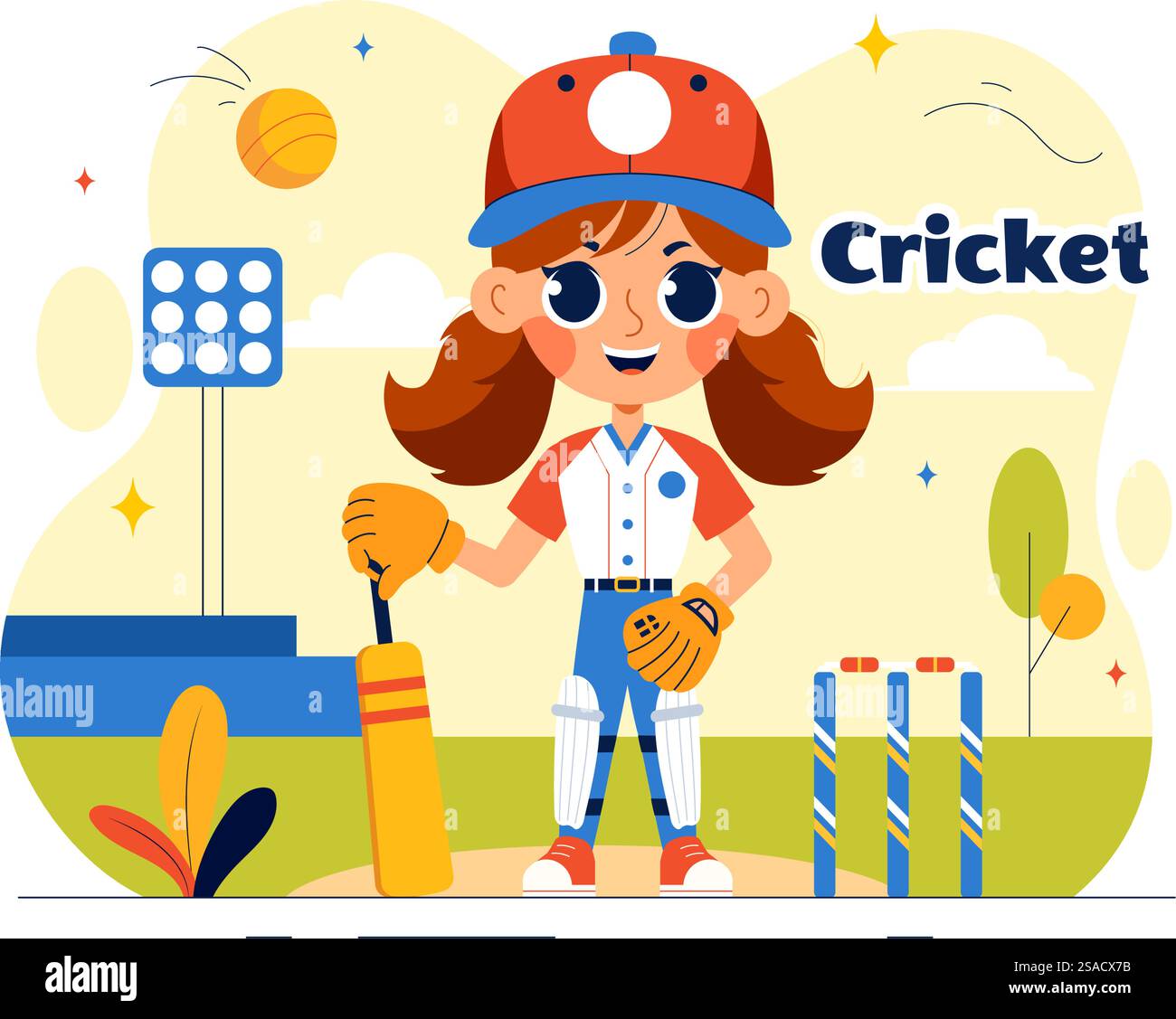Batsman jouant Cricket Vector illustration avec Bat et Ball sur le terrain pour la Ligue de tournoi de championnat dans un fond de dessin animé de style plat Illustration de Vecteur
