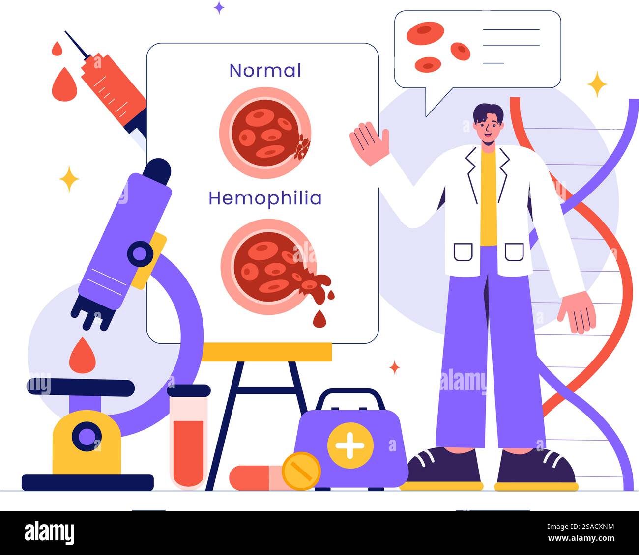 Illustration vectorielle d'hémophilie mettant en vedette un médecin examinant un genou blessé ou des troubles articulaires et sanguins dans un fond de dessin animé de style plat de soins de santé Illustration de Vecteur