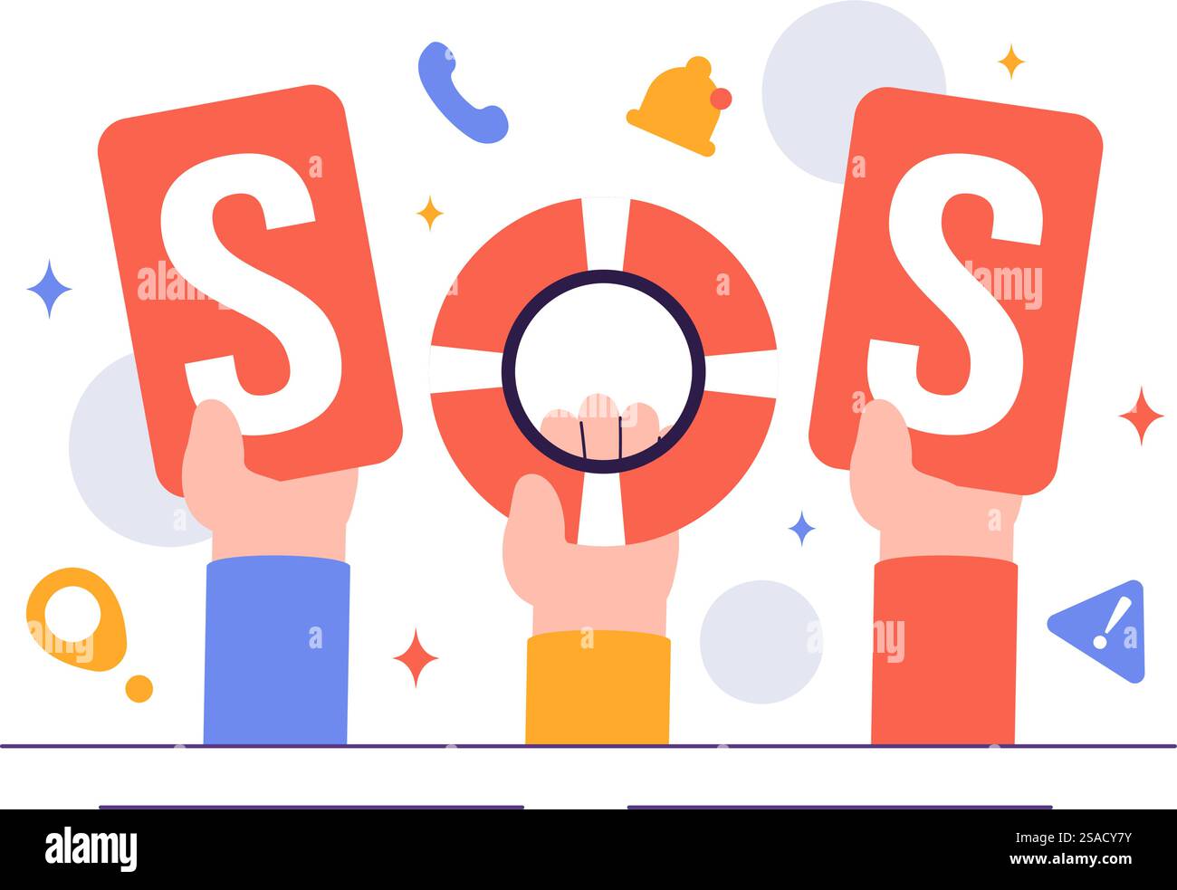 SOS illustration du message mettant en vedette des personnes ayant besoin d'aide d'urgence dans diverses situations comme être perdu, noyé, échoué sur une île Illustration de Vecteur
