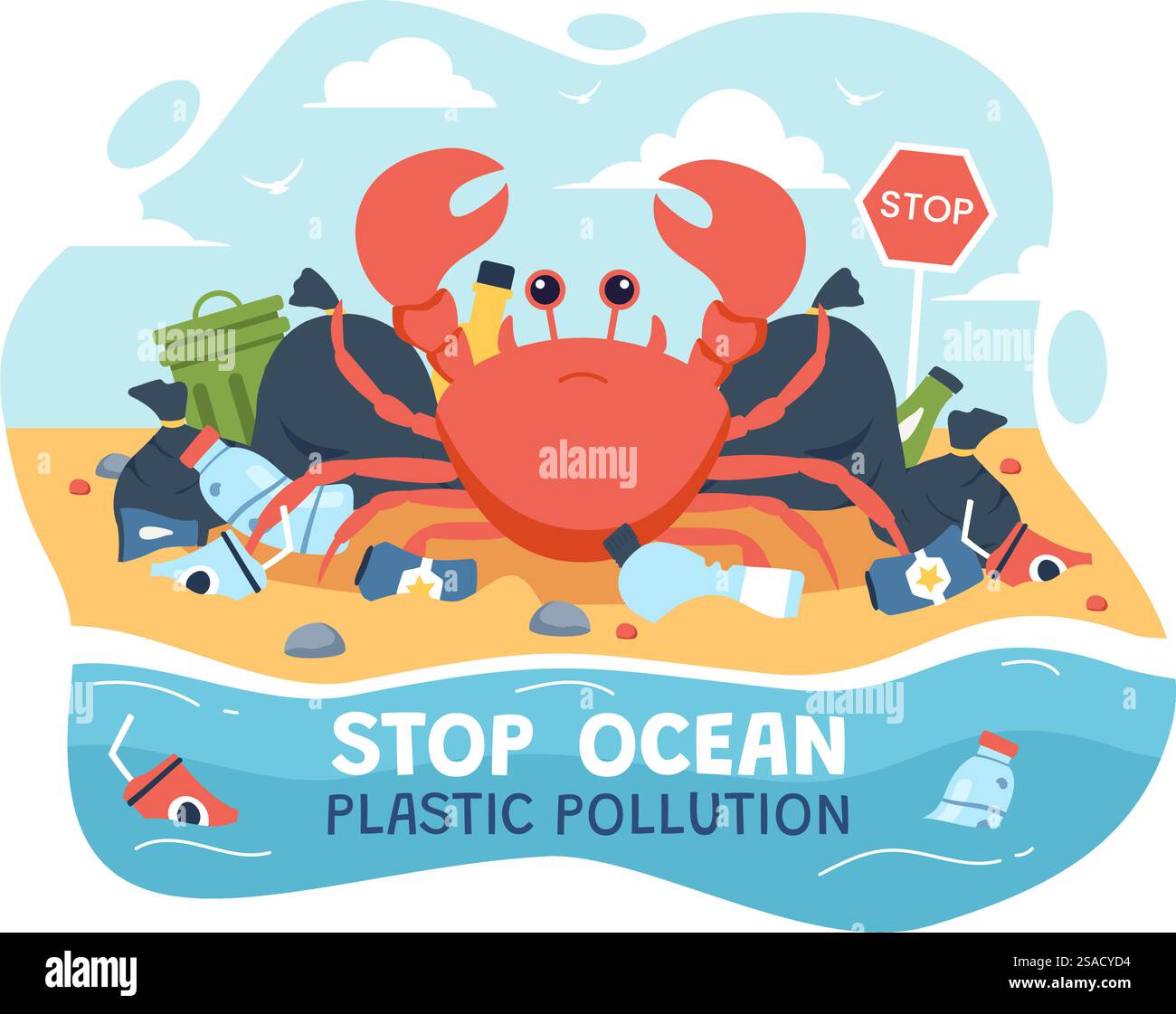 Stop Ocean Plastic pollution Vector illustration avec Trash Under the Sea Like a Waste Bags et bouteilles, nuisant à l'écosystème de poissons et de récifs coralliens Illustration de Vecteur