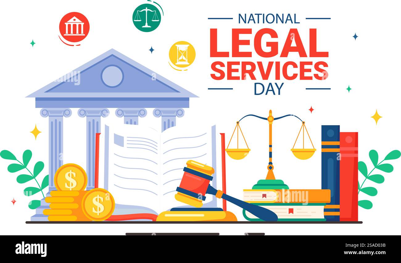 Journée nationale des services juridiques illustration vectorielle présentant des échelles et des livres de droit à la justice et à l'égalité des droits pour tous dans la société en arrière-plan Illustration de Vecteur