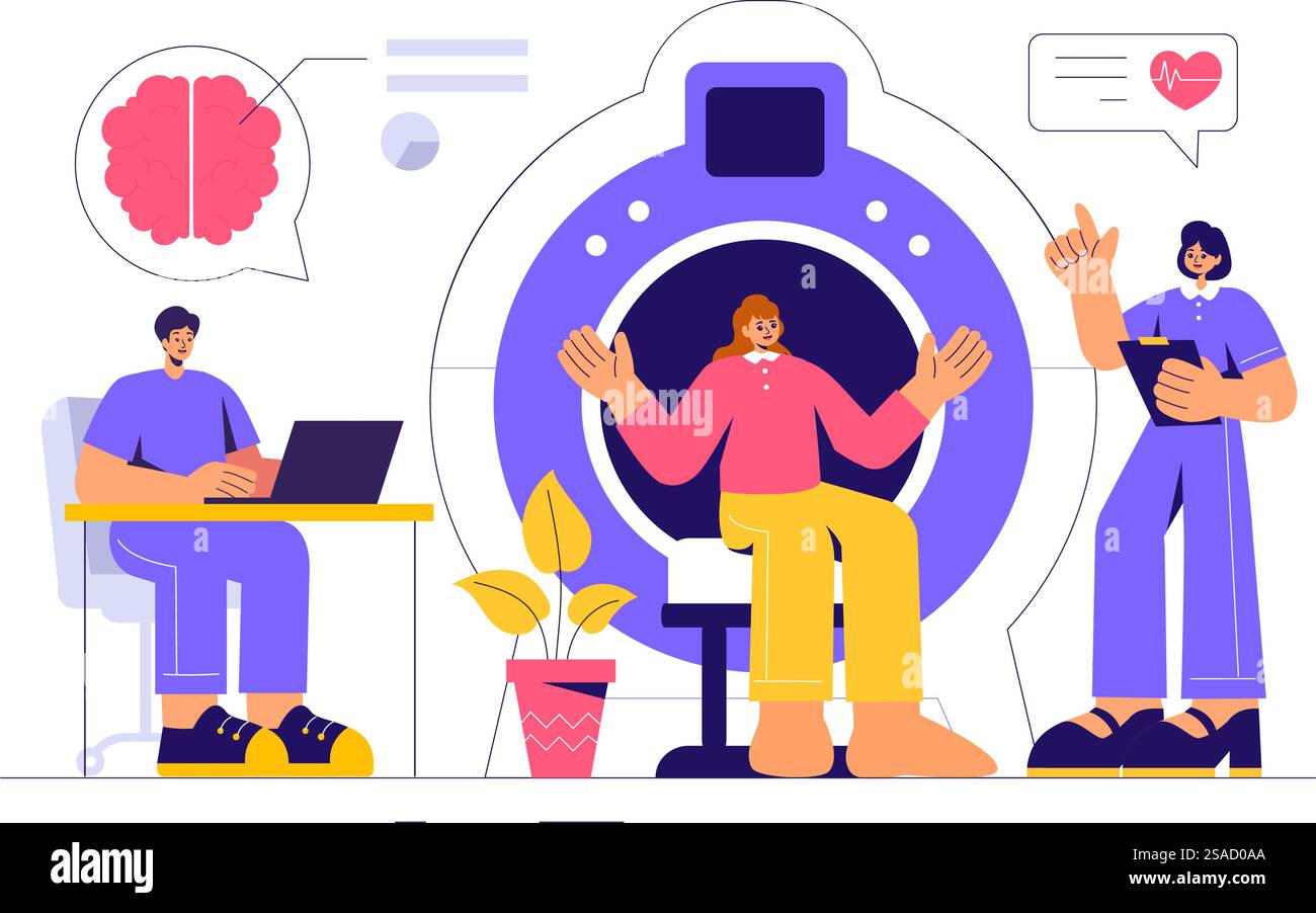 Illustration IRM ou imagerie par résonance magnétique représentant un médecin et un patient lors d'un examen médical avec un scanner CT sur un fond plat Illustration de Vecteur