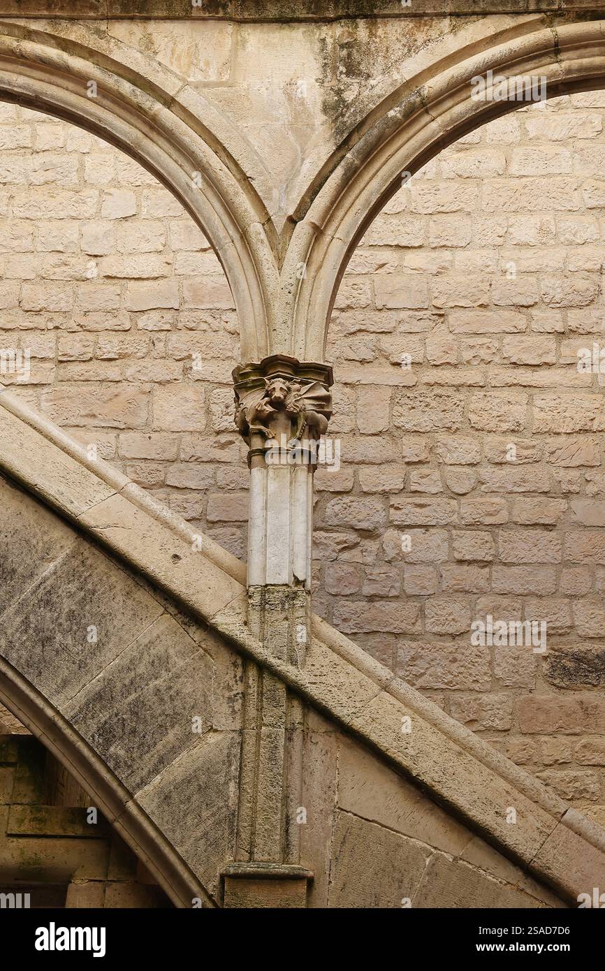 Abbaye cistercienne de Santes Creus, Aiguamurcia, Catalogne, Espagne. Galerie voûtée gothique avec colonnes de porphyre dans la résidence royale Banque D'Images