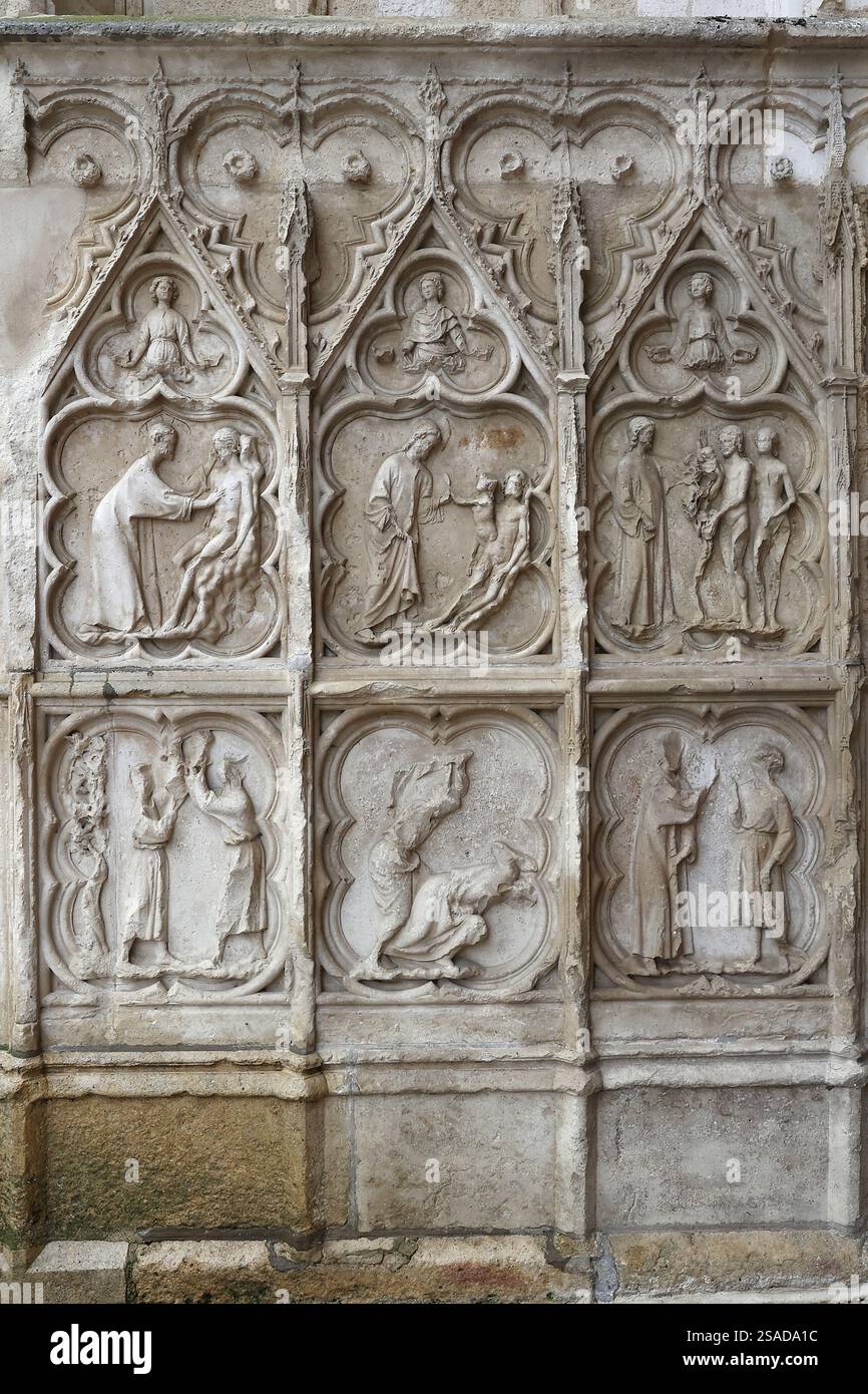 Cathédrale Saint-Étienne, Auxerre, Yonne, France. Reliefs sur le porche Banque D'Images