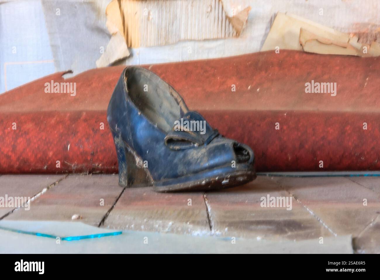 Une chaussure est assise sur un tapis rouge. La chaussure est vieille et sale. Le tapis est rouge et a un aspect usé Banque D'Images