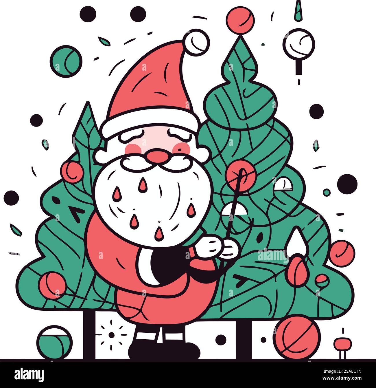 Illustration vectorielle d'art de ligne du Père Noël et arbre de Noël sur fond blanc. Illustration de Vecteur