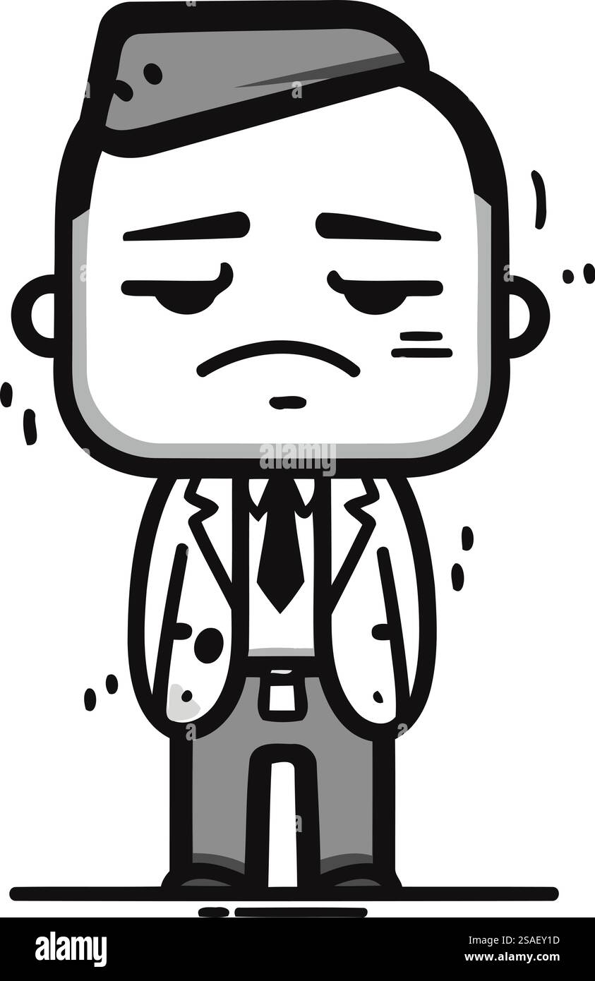 Illustration vectorielle de personnage de dessin animé d'homme d'affaires triste. Homme d'affaires noir et blanc en colère. Illustration de Vecteur