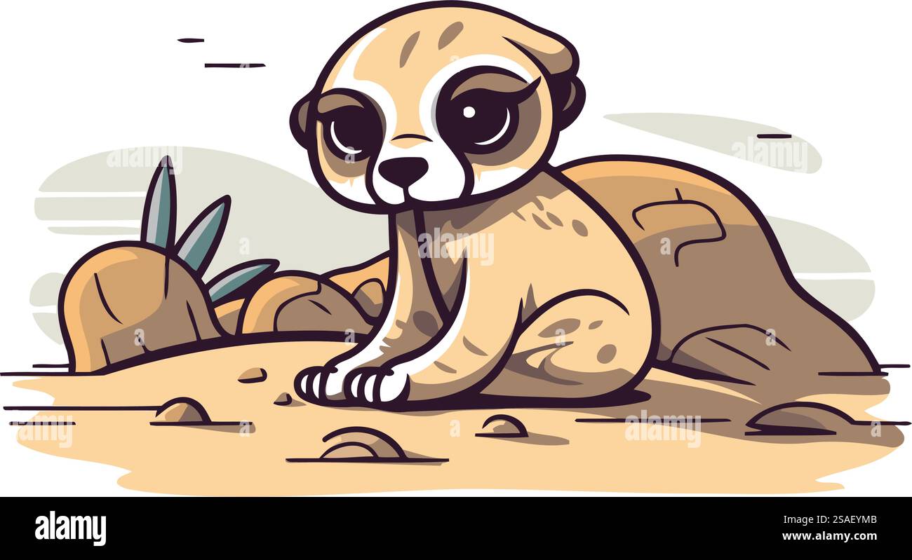 Mignon meerkat de bande dessinée assis sur le sable. Illustration vectorielle. Illustration de Vecteur