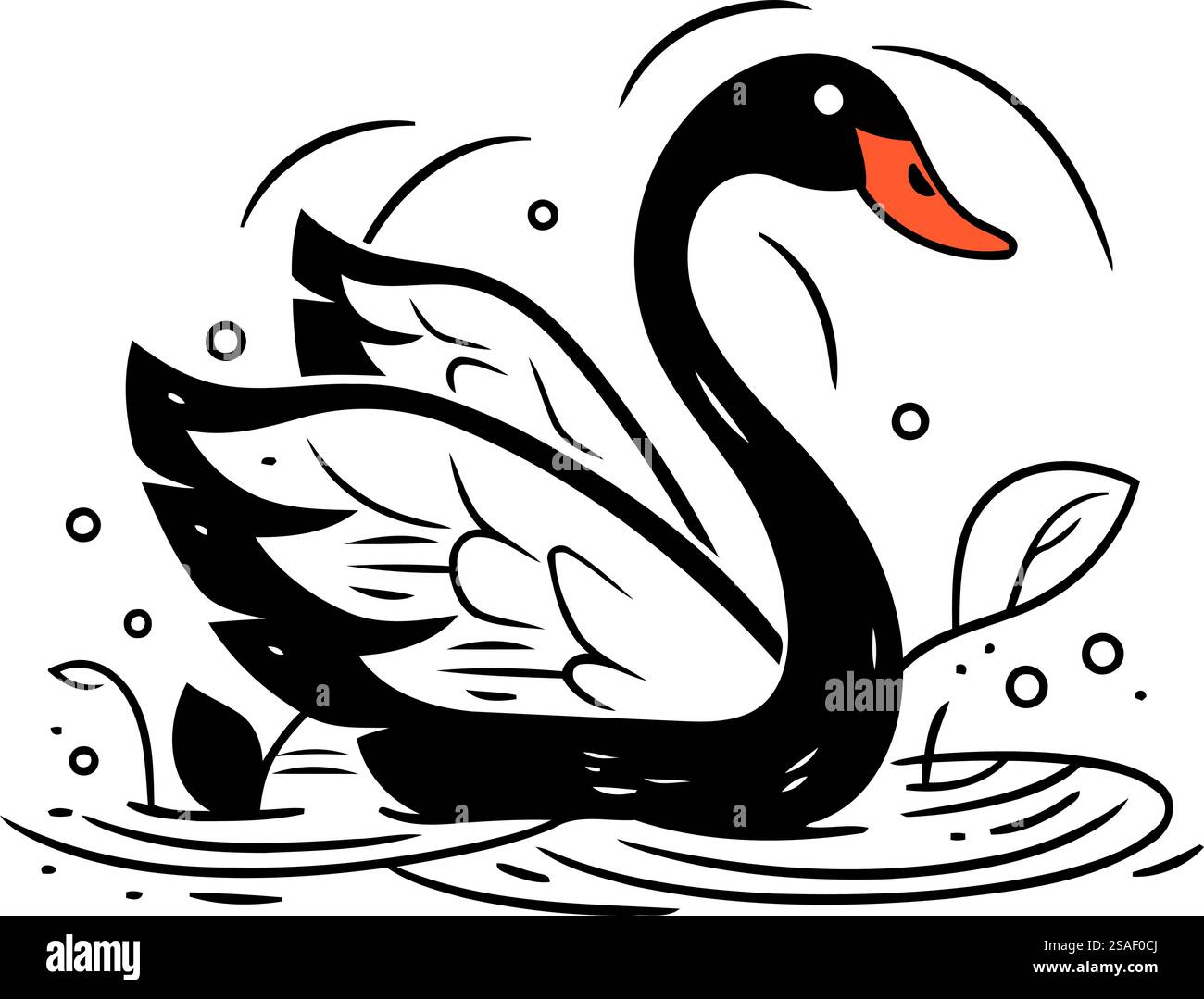 Cygne nageant sur l'eau. Illustration vectorielle en noir et blanc. Illustration de Vecteur