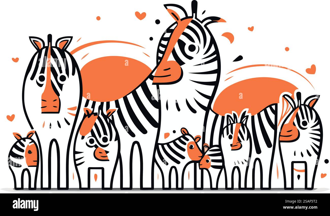 Famille Zebra dans l'amour. Illustration vectorielle dessinée à la main dans le style de bande dessinée. Illustration de Vecteur