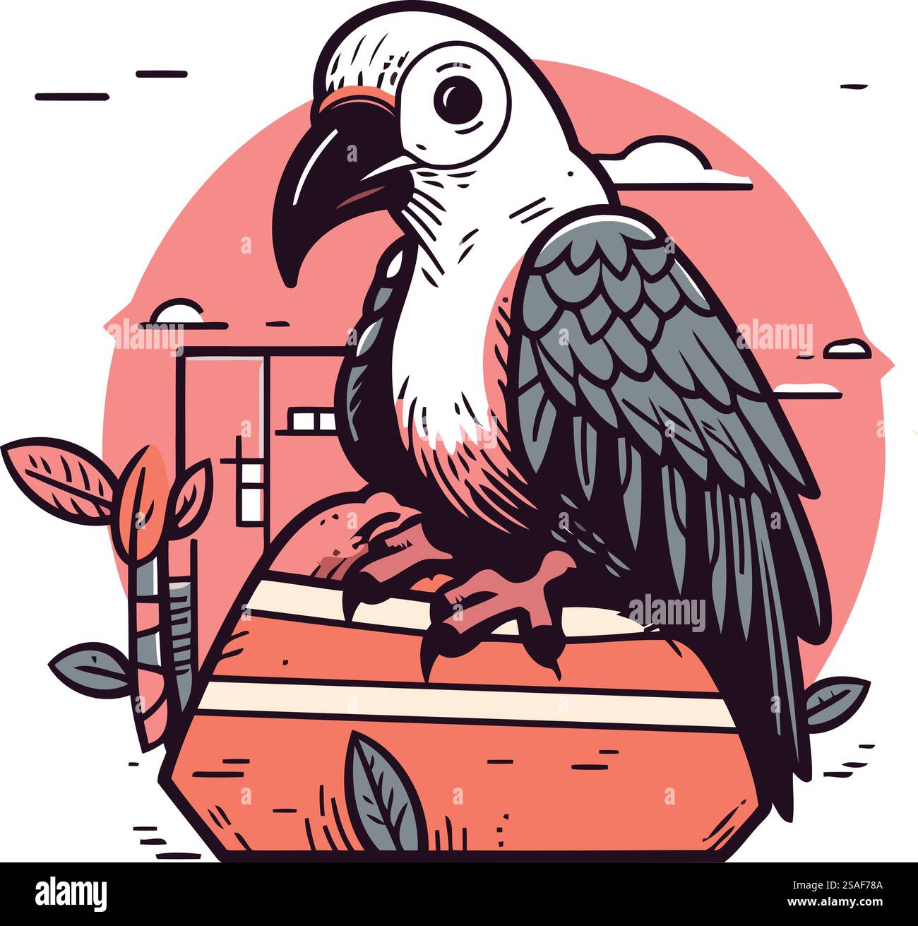 Perroquet assis sur un pot de fleurs. Illustration vectorielle dans le style de bande dessinée. Illustration de Vecteur