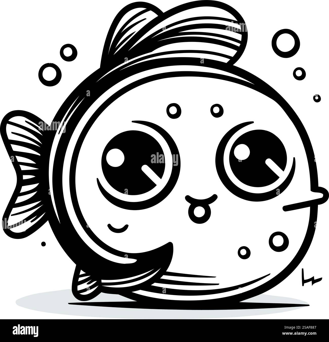 Personnage de dessin animé de poisson. Illustration vectorielle. Poisson de dessin animé noir et blanc. Illustration de Vecteur