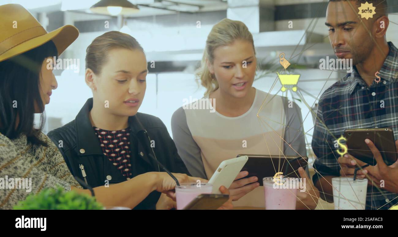 Image d'un réseau d'entreprise de vente au détail sur divers collègues utilisant des tablettes et des smartphones dans un café Banque D'Images