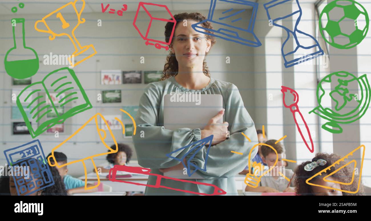 Image d'icônes d'articles scolaires sur diverses enseignantes féminines avec des écoliers en classe Banque D'Images