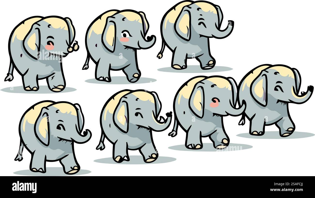 Mignon personnage de dessin animé éléphant avec différentes poses et expressions. Illustration vectorielle Illustration de Vecteur
