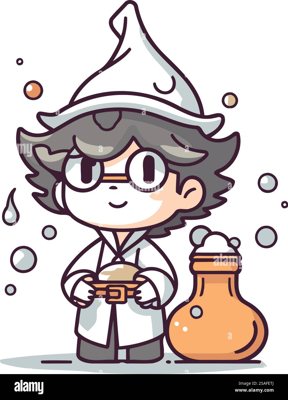 Scientifique avec flacon chimique. Illustration vectorielle de dessin animé. Science et concept d'éducation. Illustration de Vecteur